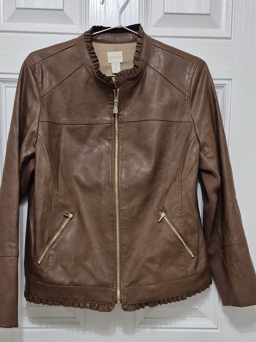 Chico's Women's Brown Faux Leather Zip-Front Jacket